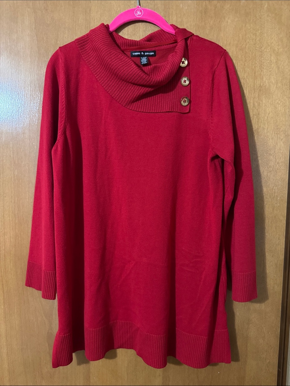 Cable & Gauge Red Cowl Neck Tunic Sweater with Button Placket